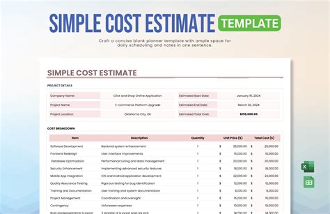 Cost Estimate Template Excel