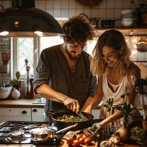 Couple cooking together