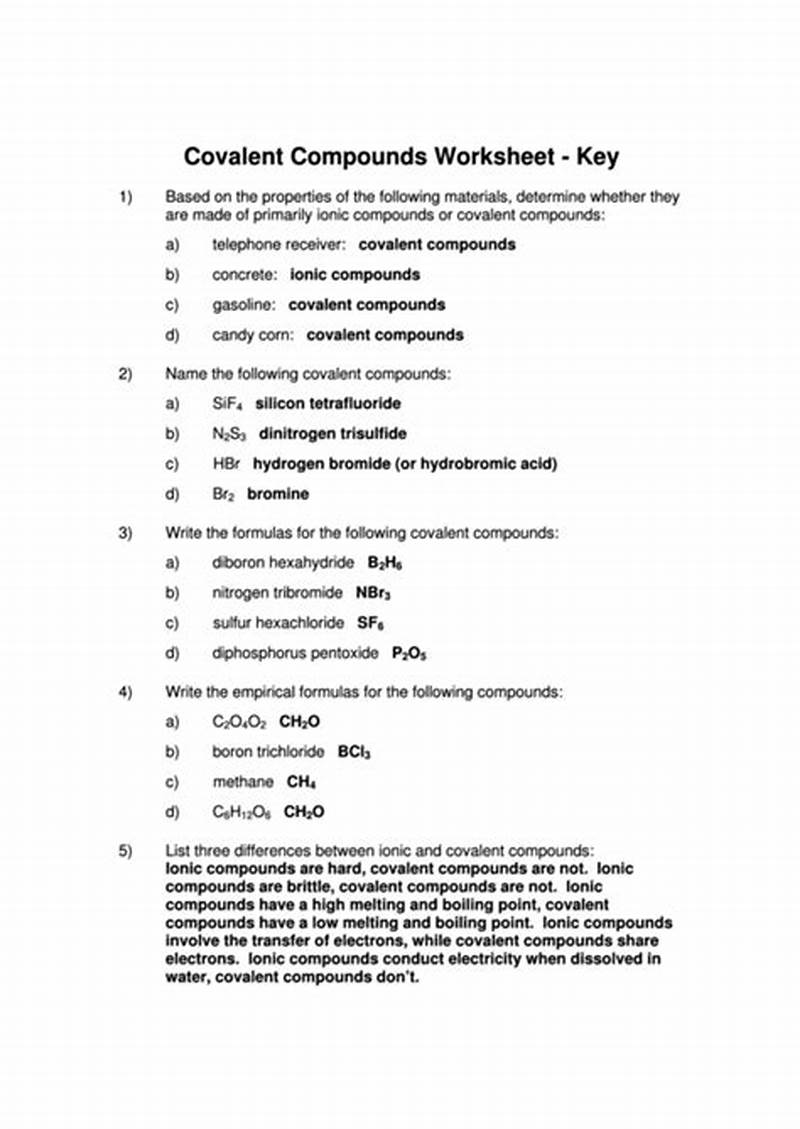 Covalent Compounds Coloring Page Answer Key