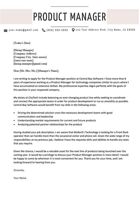 Cover Letter Template Product Manager