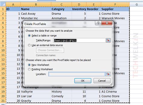 Create PivotTable Dialog