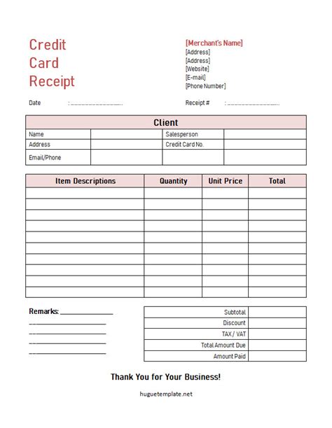 Credit Card Receipt Template Word
