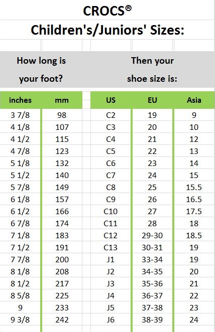 Crocs J2 Size Chart