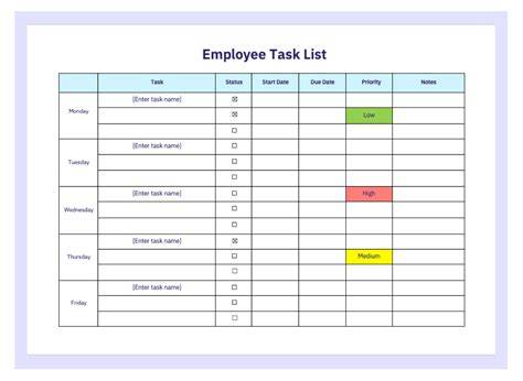 Daily Task Employee Task List Template