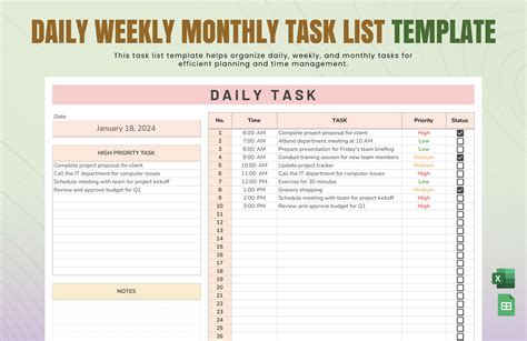 Daily Weekly Monthly Task List Template Excel