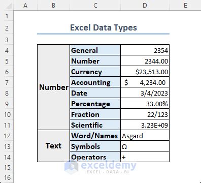 Data Types in Excel