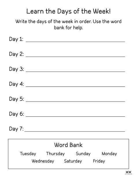 Day Of The Week Printable Worksheets