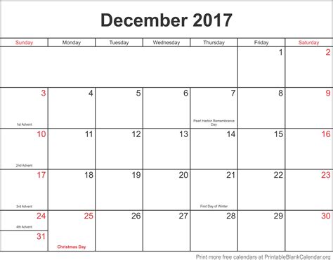 December Calendar 2017 Printable Time And Date