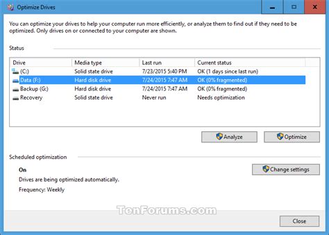 Defragment and Optimize Drives Tool Windows