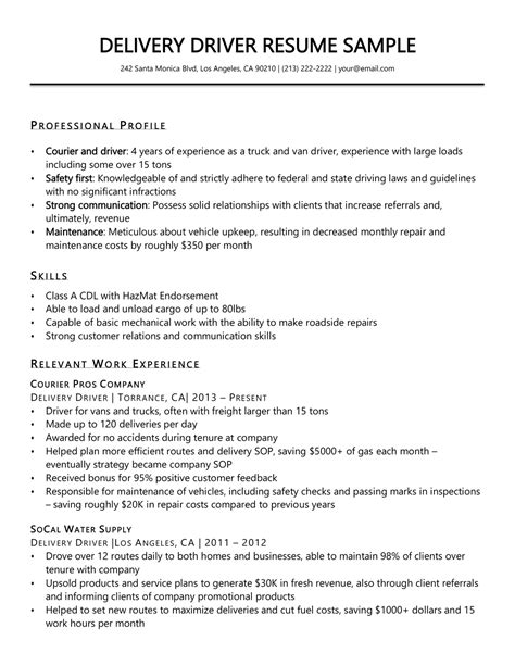 Delivery Driver Resume Template