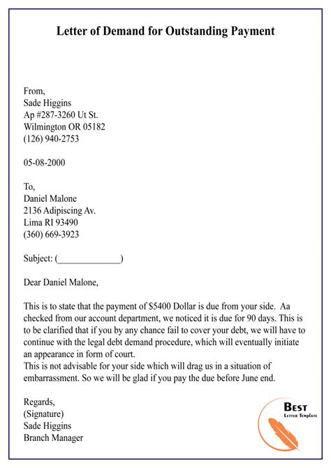 Demand For Payment Letter Template