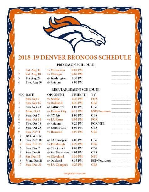 Denver Broncos 2018 Printable Schedule Mountain Time