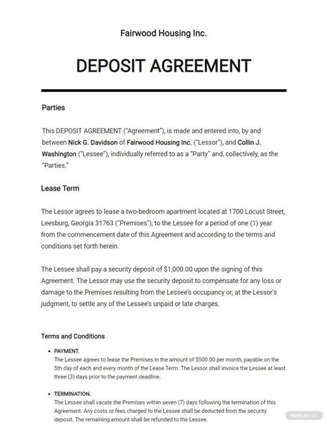 Deposit Agreement Template