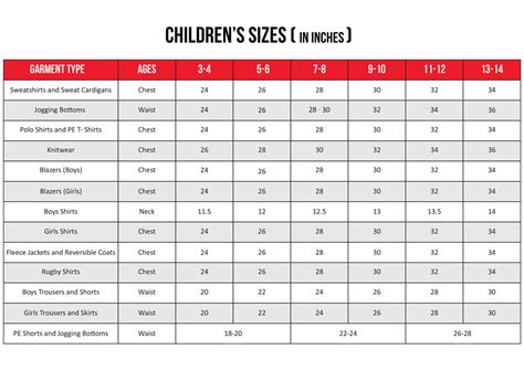 Disney Children's Size Chart