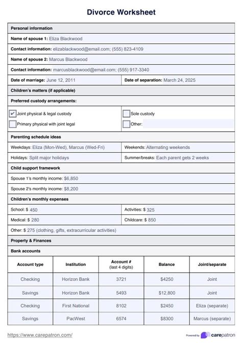 Divorce Asset List Template