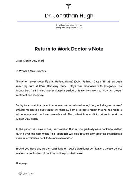 Doctor Return To Work Note Template