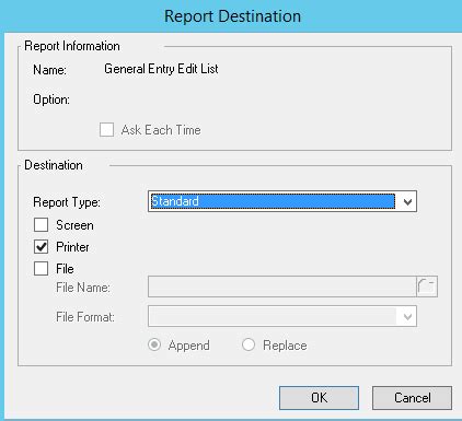 Dynamics GP Report Destination window