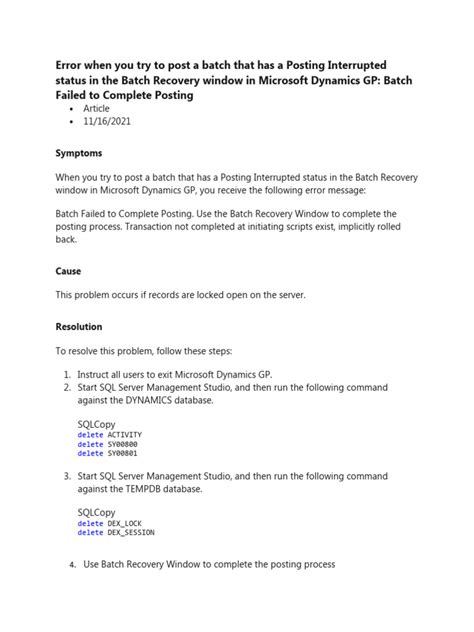 Dynamics GP: Resolving Incorrect Posting Status