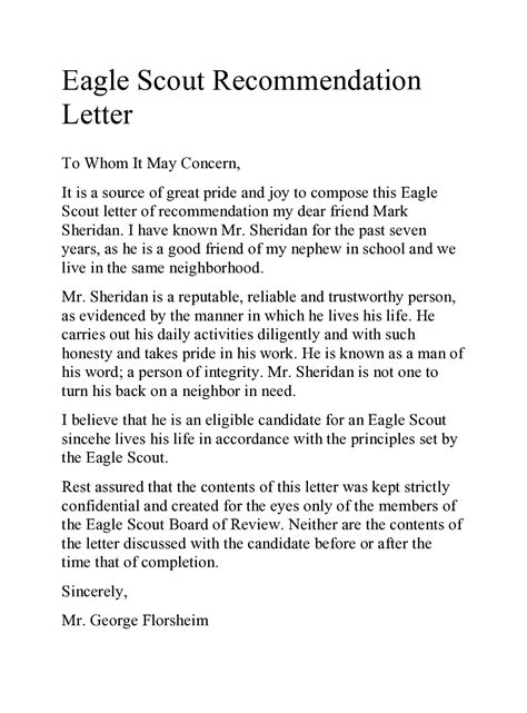 Eagle Scout Letter of Recommendation Generic