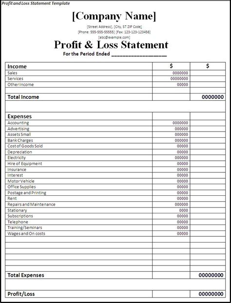Easy Profit And Loss Statement Template