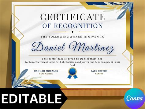 Editable Certificate Of Recognition Template