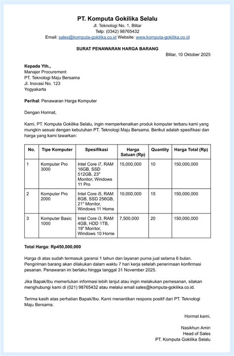 Email Surat Penawaran Harga
