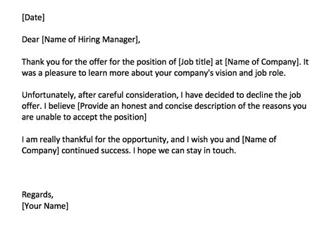 Email Template For Declining A Job Offer