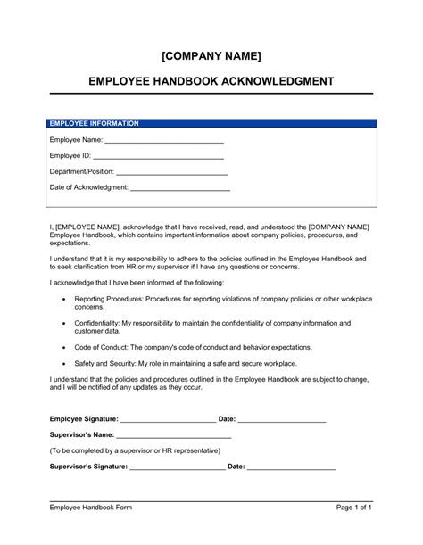 Employee Handbook Acknowledgement Form Template