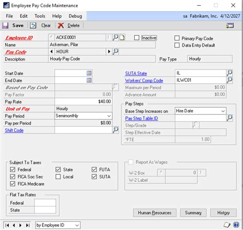 Employee Pay Codes Tab Dynamics GP