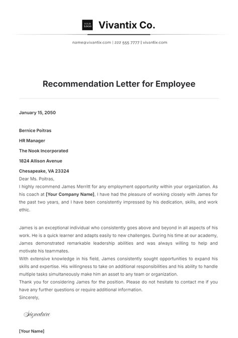 Employee Recommendation Letter Template