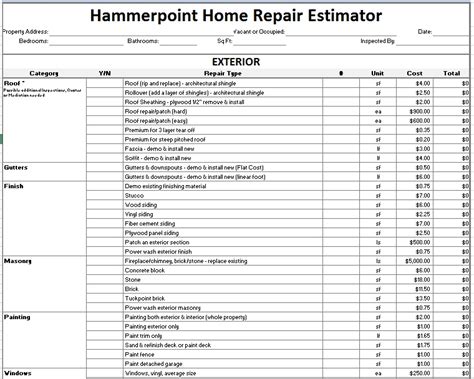 Estimate For Home Repairs Template