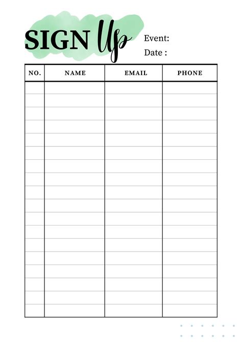 Event Sign Up Sheet Template