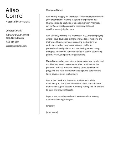 Example of a cover letter for a pharmacy position in a hospital