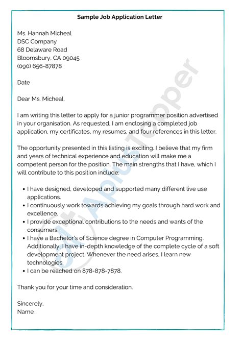 Example of a job application letter structure