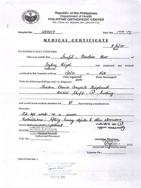Example of medical certificate