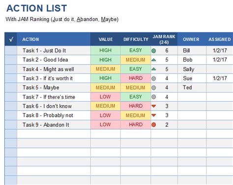 Excel Action List Template