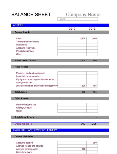 Excel Balance Sheet Template Free