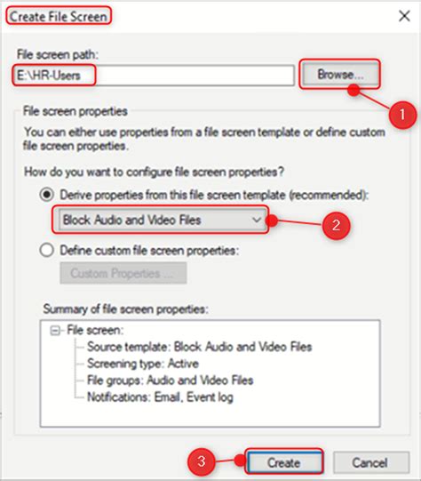 FSRM Create File Screen Dialog