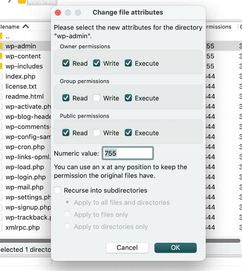 FTP file permissions cpanel