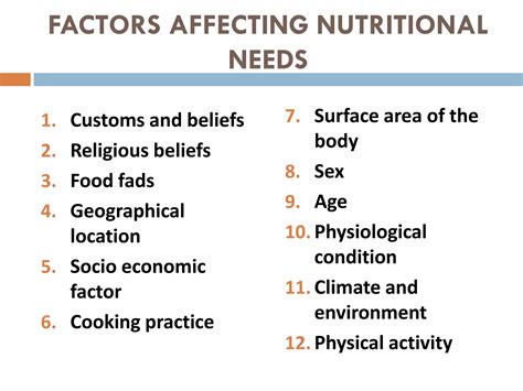 Factors affecting kcal needs