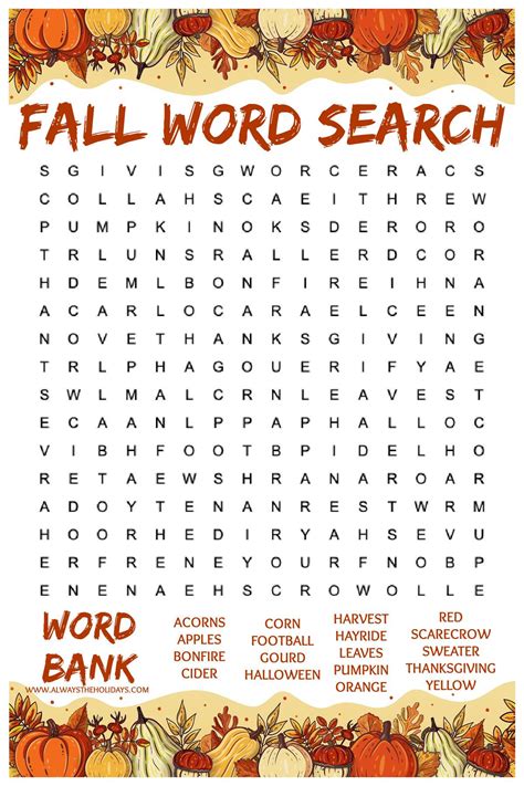 Fall Word Search Printable Free