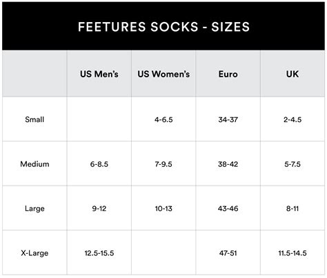 Feetures Socks Size Chart