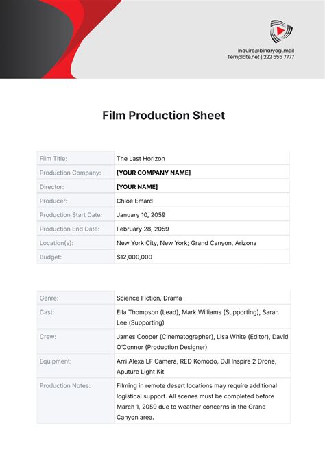 Film Production Sheet Template