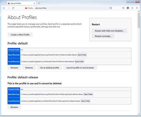 Restart Firefox using about:profiles