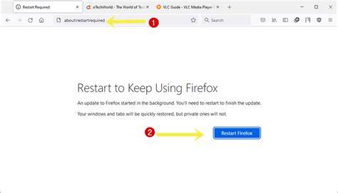 Restart Firefox using about:restartrequired
