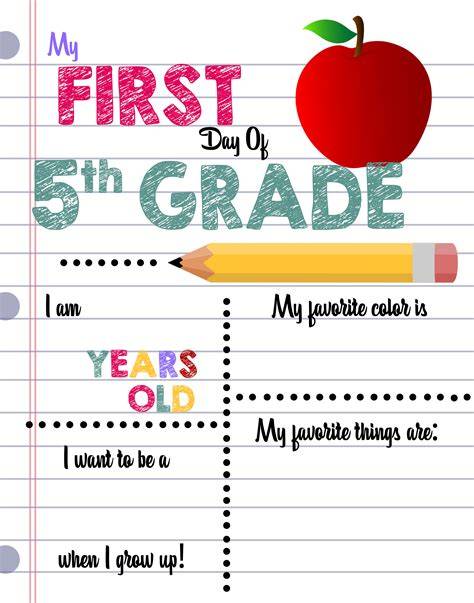 First Day Of School Printables For 5th Grade
