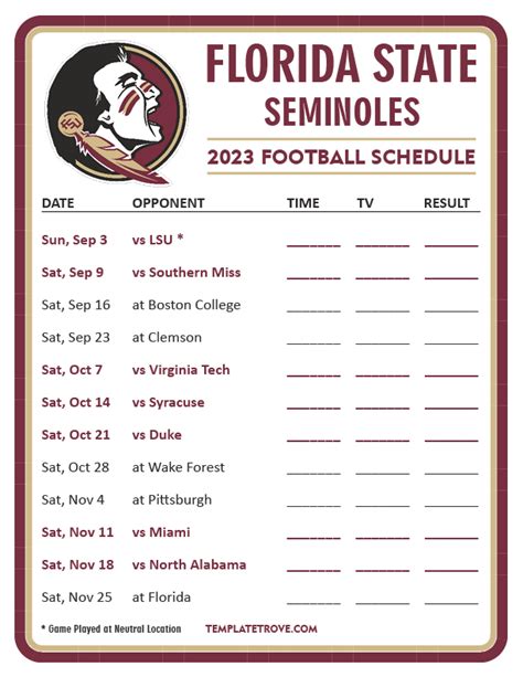 Florida State Football Schedule Printable