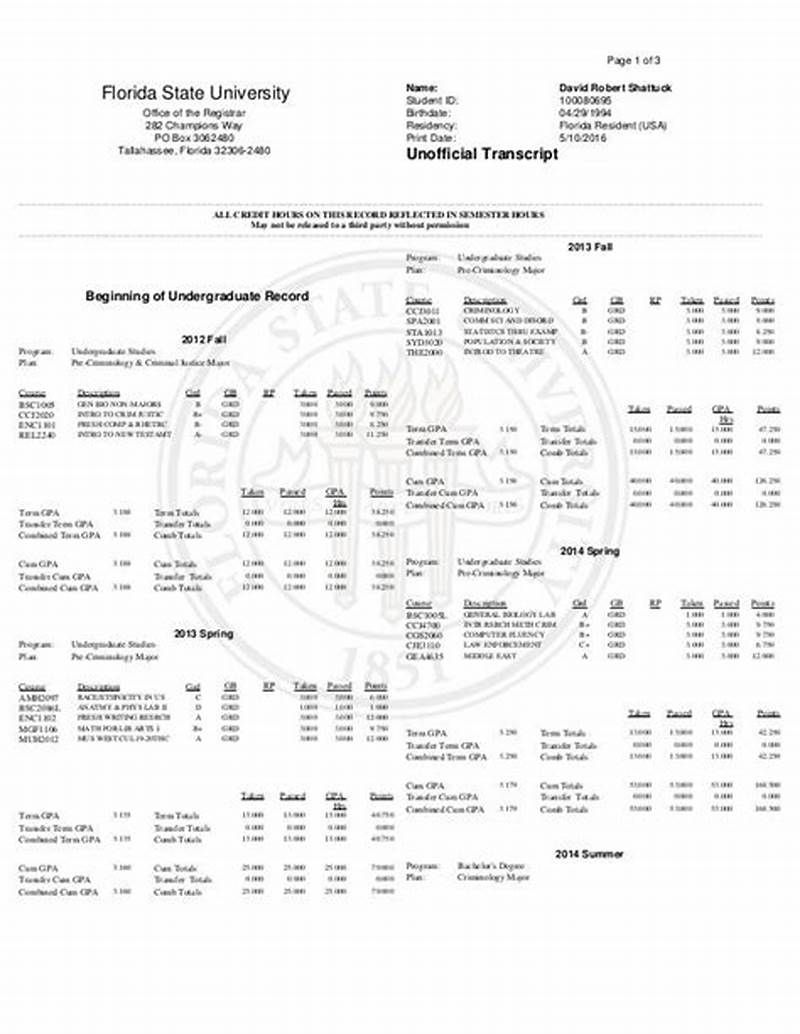 Florida State University Transcript Request Form