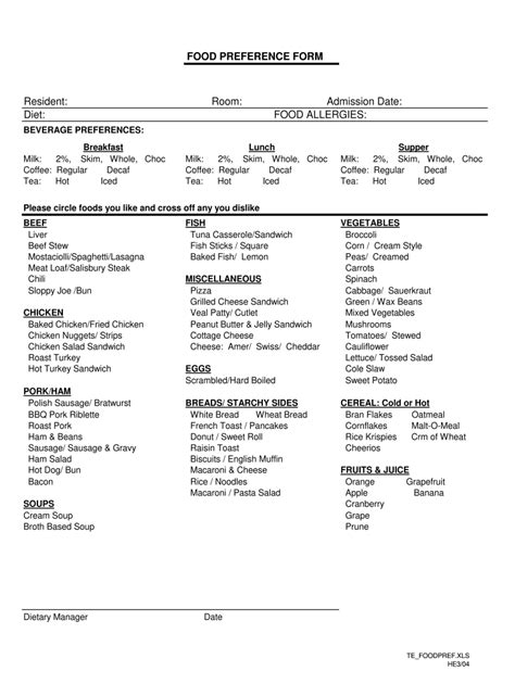 Food Preference Sheet Template