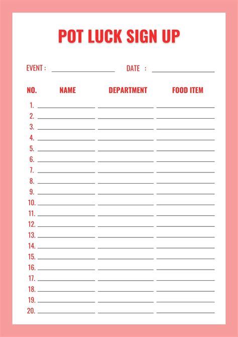 Food Sign Up Sheet Template Free